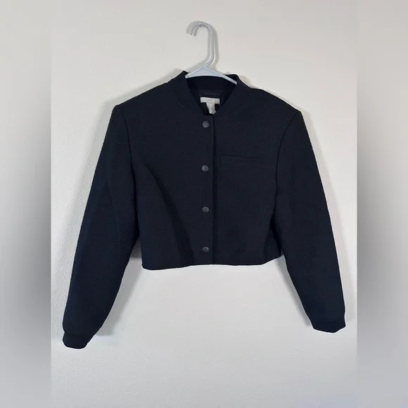 H&M Black Textured Bomber Jacket cardigan black tweed size small - Picture 5 of 10